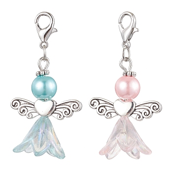 2Pcs 2 Colors Wedding Season Angel Glass Pearl & Acrylic Pendant Decorations, Zinc Alloy Lobster Claw Clasps Charms for Bag Key Chain Ornaments, Mixed Color, 45mm, Pendant: 31x23.5x16mm, 1pc/color