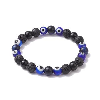 8mm Round Natural Black Onyx(Dyed & Heated) & Lava Rock & Evil Eye Handmade Lampwork Beaded Stretch Bracelets for Women Men, Inner Diameter: 2 inch(5cm)