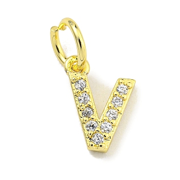 Letter Brass Micro Pave Clear Cubic Zirconia Pendants, Jump Ring, Real 18K Gold Plated, Letter V, 9x7x1.8mm, Jump Ring: 5x0.9mm, Hole: 3.5mm