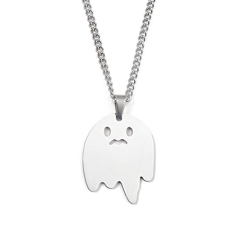 201 Stainless Steel Pendant Necklaces for Man, Ghost, 23.78 inch(60.4cm), Ghost: 33x26x1.3mm