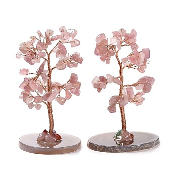 Natural Rose Quartz Chips & Agate Pedestal Display Decorations, with Brass Finding, Tree, Cadmium Free & Lead Free, 59~70x47~65x100~114mm