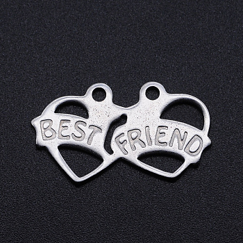 Non-Tarnish 201 Stainless Steel Pendants, Heart to Heart with Word Best Friend, Stainless Steel Color, 16x28x1mm, Hole: 1.8mm