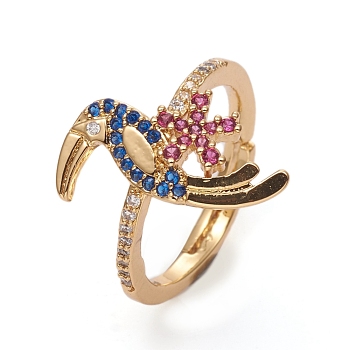Adjustable Brass Micro Pave Cubic Zirconia Ring, Long-Lasting Plated, Bird, Colorful, Golden, US Size 6(16.5mm)
