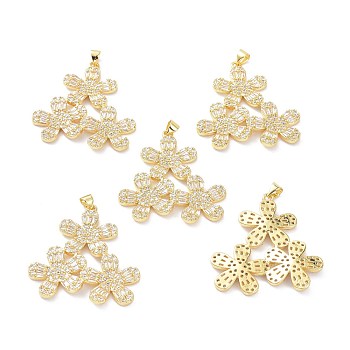 Brass Micro Pave Clear Cubic Zirconia Pendants, Long-Lasting Plated, Flower, Real 18K Gold Plated, 39x36x3.5mm, Hole: 4.5x3.5mm