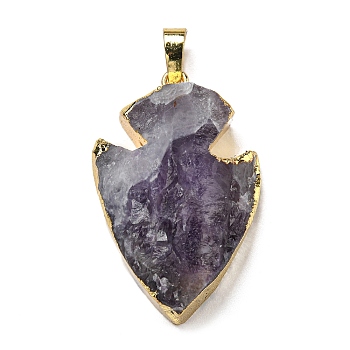 Natural Amethyst Pendants, Arrow Charms with Golden Tone Brass Findings, Cadmium Free & Lead Free, 32.5x20.5~23.5x9~9.5mm, Hole: 8x5mm