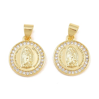 Brass Micro Pave Clear Cubic Zirconia Pendants, Flat Round with Virgin Mary Charms, Real 16K Gold Plated, 15.5x13x2.5mm, Hole: 5x4mm
