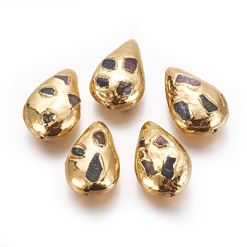 Natural Black Fossil Beads, with Golden Plated Brass Findings, teardrop, 28~30x19~23x11mm, Hole: 0.8mm