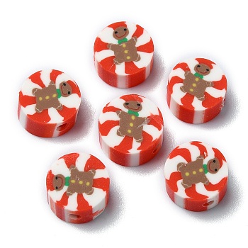 Christmas Theme Handmade Polymer Clay Beads, Flat Round with Gingerbread Man, Camel, 9x4.5mm, Hole: 1.8mm