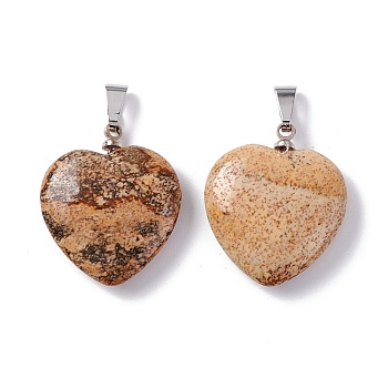 Natural Picture Jasper Pendants, Heart, with Brass Findings, Platinum, 22~23x20~20.5x6~7.5mm, Hole: 5x8mm