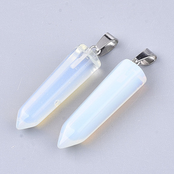 Opalite Point Pendants, with Platinum Tone Brass Findings, Bullet, 35~37x10~11x9~10mm, Hole: 6~7x2.5~4mm
