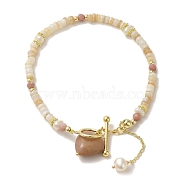 Natural Rhodonite Heart Bracelet, Pearl & Shell Beaded Bracelet, Real 14K Gold Plated, 7-1/4 inch(18.5cm)(BJEW-C051-04G)