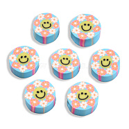 Handmade Polymer Clay Beads, Flat Round with Smiling Face & Flower, Light Sky Blue, 8.5~10x4.5mm, Hole: 1.5mm(CLAY-T019-14E)