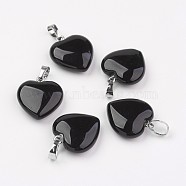 Natural Black Agate Pendants, Dyed, Heart, with Brass Findings, Platinum, 22~23x20~20.5x6~7.5mm, Hole: 5x8mm(G-G956-B04-FF)
