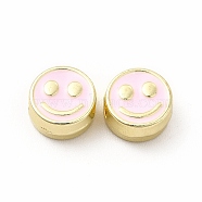 Rack Plating Alloy Enamel Beads, Cadmium Free & Nickel Free & Lead Free, Flat Round with Smiling Face Pattern, Light Gold, Pearl Pink, 7.5x4mm, Hole: 2mm(FIND-G051-01LG-04)
