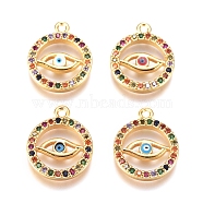 Brass Micro Pave Cubic Zirconia Charms, with Enamel, Ring with Evil Eye, Colorful, Golden, 14x12x2mm, Hole: 1mm(KK-G391-08G)