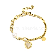 Resin Heart Charm Bracelet with Natural Pearl Beaded, Vacuum Plating 304 Stainless Steel Bracelet for Girl Women, Golden, 7-1/4 inch(18.5cm)(BJEW-Z016-08G)