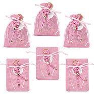 Rectangle Polyester Imitation Burlap Packing Pouches Drawstring Bags, with Twisted Nylon Thread and Flat Round Brass Evil Eye Enamel Charms, Pearl Pink, 14x9.5cm(ABAG-AB00002)