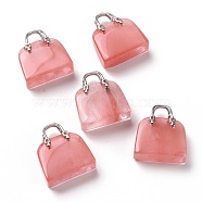 Watermelon Stone Glass Brass Pendants, Platinum, Bag, 27.5x25x10mm, Hole: 6mm(KK-E274-01P-010)
