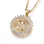 304 Stainless Steel Pendant Necklaces, with Cubic Zirconia, Flat Round with Allah, Clear, Golden, 17.2 inch(44.1cm), Pendant: 21.5x20.5x2.5mm(NJEW-O108-26G)