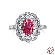925 Sterling Silver Birthstone Rings, Cubic Zirconia Flower Finger Ring, Cerise, 2.2mm, US Size 7(17.3mm)(RJEW-F150-60B-02P)