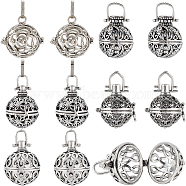 10Pcs 5 Styles Tibetan Style Brass Cage Pendants, For Chime Ball Pendant Necklaces Making, Hollow Round, Antique Silver, 21.5~31x24~26x20~23mm, Hole: 3.5~9x3.5~10mm, 2pcs/style(KK-SC0004-31)