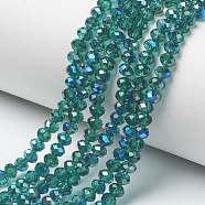 Electroplate Glass Beads Strands, Half Plated, Blue Plated, Faceted, Rondelle, Dark Cyan, 6x5mm, Hole: 1mm, about 85~88pcs/strand, 16.1~16.5 inch(41~42cm)(EGLA-A034-T6mm-I15)