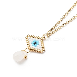 Natural Rose Quartz Teardrop with Japanese Seed Evil Eye Pendant Necklace, Golden 304 Stainless Steel Jewelry for Women, White, 15.94 inch(40.5cm)(NJEW-MZ00003)