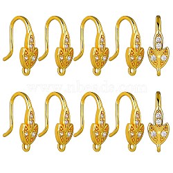 10 Pairs Brass Micro Pave Clear Cubic Zirconia Earring Hooks, Ear Wire, with Loops, Leaf, Real 18K Gold Plated, 16mm, Hole: 1mm, Pin: 0.8mm(ZIRC-SZ0005-11)