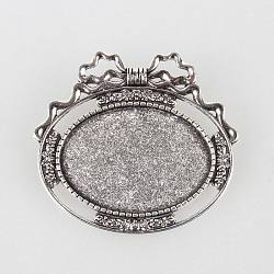 Vintage Alloy Brooch Cabochon Bezel Settings, Cadmium Free & Lead Free, with Iron Pin Brooch Back Bar Findings, Oval with Bowknot, Antique Silver, Tray: 25x35mm, 43x48x2mm, Pin: 0.6mm(PALLOY-N0085-10AS)