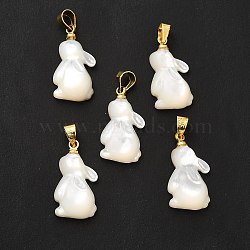 Natural White Shell Pendants, with Golden Plated Brass Findings, Rabbit, White, 20x11x4mm, Hole: 4x4.5mm(SHEL-G014-13A)