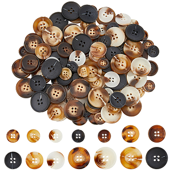 140pcs 14 style Resin Button, Flat Round, 4-Hole, Mixed Color, 15~25.5x3~5mm, Hole: 2~3mm, 10pcs/style