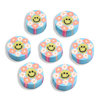 Handmade Polymer Clay Beads, Flat Round with Smiling Face & Flower, Light Sky Blue, 8.5~10x4.5mm, Hole: 1.5mm