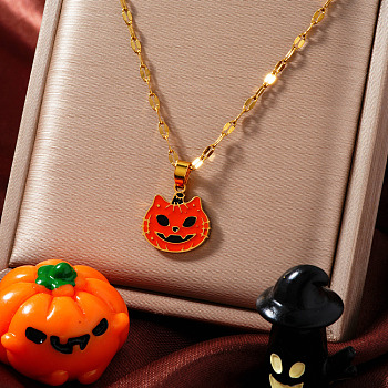 Stainless Steel Enamel Halloween Cat Pumpkin Pendant Dapped Chain Necklaces, Golden, Orange Red, 15.75 inch(40cm)