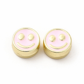 Rack Plating Alloy Enamel Beads, Cadmium Free & Nickel Free & Lead Free, Flat Round with Smiling Face Pattern, Light Gold, Pearl Pink, 7.5x4mm, Hole: 2mm