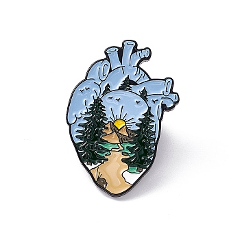 Anatomical Heart Enamel Pin, Electrophoresis Black Alloy Brooch for Backpack Clothes, Mountain Pattern, 30x21x2mm, Pin: 1.2mm