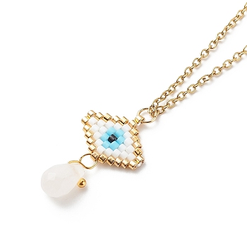 Natural Rose Quartz Teardrop with Japanese Seed Evil Eye Pendant Necklace, Golden 304 Stainless Steel Jewelry for Women, White, 15.94 inch(40.5cm)