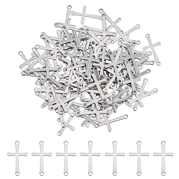100Pcs 201 Stainless Steel Connector Charms, Laser Cut, Religion Cross Links, Stainless Steel Color, 17x9.5x0.7mm, Hole: 1.2mm