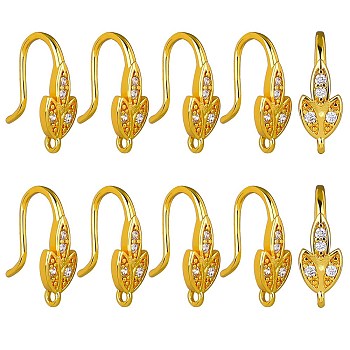 10 Pairs Brass Micro Pave Clear Cubic Zirconia Earring Hooks, Ear Wire, with Loops, Leaf, Real 18K Gold Plated, 16mm, Hole: 1mm, Pin: 0.8mm