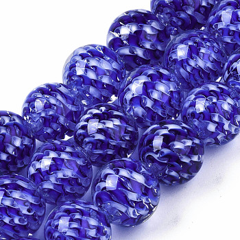 Transparent Handmade Lampwork Beads Strands, Inner Flower, Round, Blue, 11.5~12.5mm, Hole: 1.5mm, about 45pcs/strand, 19.88 inch(50.5cm)