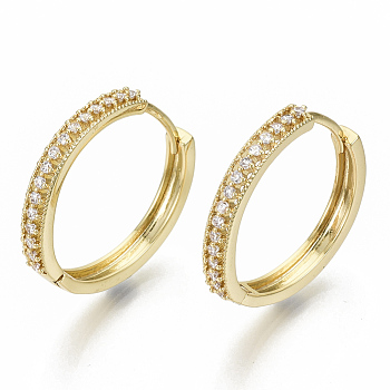 Brass Micro Pave Clear Cubic Zirconia Huggie Hoop Earrings, Nickel Free, Ring, Real 18K Gold Plated, 25.5x3.5mm, Pin: 1x1mm