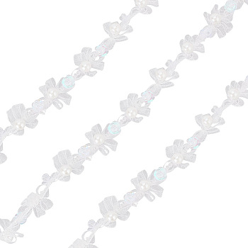 10 Yards Polyester Lace Trims, with Plastic Imitation Pearl Beads, Bowknot, White, 1/4~5/8 inch(7~17mm), about 10.00 Yards(9.14m)/Bundle
