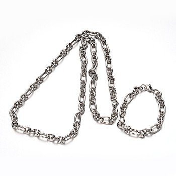 304 Stainless Steel Chain Jewelry Sets, Bracelets and Necklaces, with Lobster Clasps, Stainless Steel Color, 8-1/4 inch(21cm), 29-3/8 inch(74.5cm)