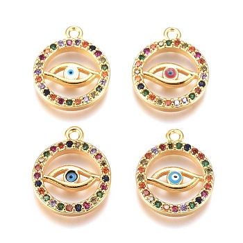Brass Micro Pave Cubic Zirconia Charms, with Enamel, Ring with Evil Eye, Colorful, Golden, 14x12x2mm, Hole: 1mm