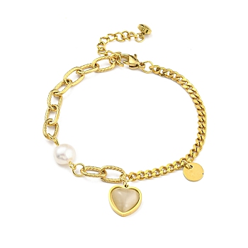 Resin Heart Charm Bracelet with Natural Pearl Beaded, Vacuum Plating 304 Stainless Steel Bracelet for Girl Women, Golden, 7-1/4 inch(18.5cm)
