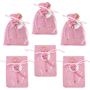 Rectangle Polyester Imitation Burlap Packing Pouches Drawstring Bags, with Twisted Nylon Thread and Flat Round Brass Evil Eye Enamel Charms, Pearl Pink, 14x9.5cm