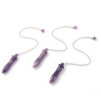 Natural Amethyst Pointed Dowsing Pendulums, with Brass Cable Chains, Bullet, 238~255mm, Hole: 2.5mm, Pendants: 53x12mm