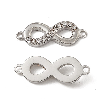 201 Stainless Steel Connector Charms, Infinity Links, with Crystal Rhinestone, Stainless Steel Color, 23x8.5x3mm, Hole: 1.4mm