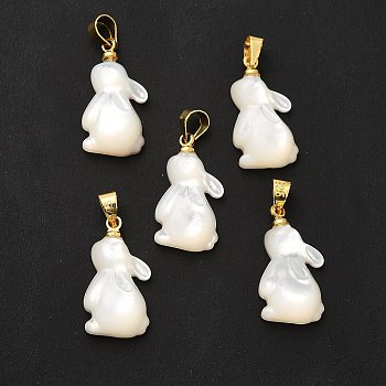 Natural White Shell Pendants, with Golden Plated Brass Findings, Rabbit, White, 20x11x4mm, Hole: 4x4.5mm