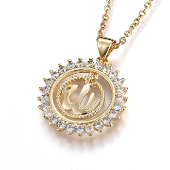 304 Stainless Steel Pendant Necklaces, with Cubic Zirconia, Flat Round with Allah, Clear, Golden, 17.2 inch(44.1cm), Pendant: 21.5x20.5x2.5mm