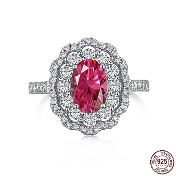 925 Sterling Silver Birthstone Rings, Cubic Zirconia Flower Finger Ring, Cerise, 2.2mm, US Size 7(17.3mm)
